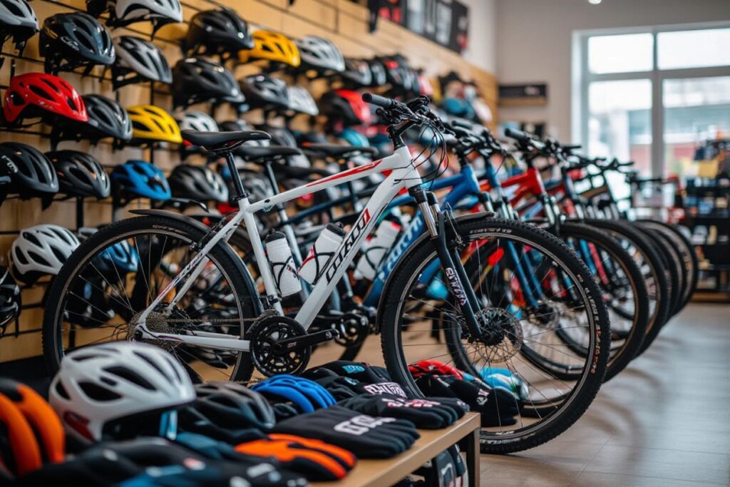Bikes and helmets displayed in shop