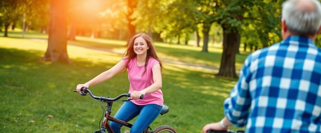 People enjoying a sunny park ride.