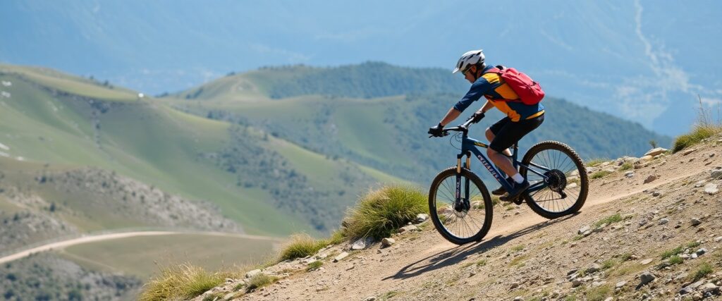 Biker navigating a scenic mountain trail.