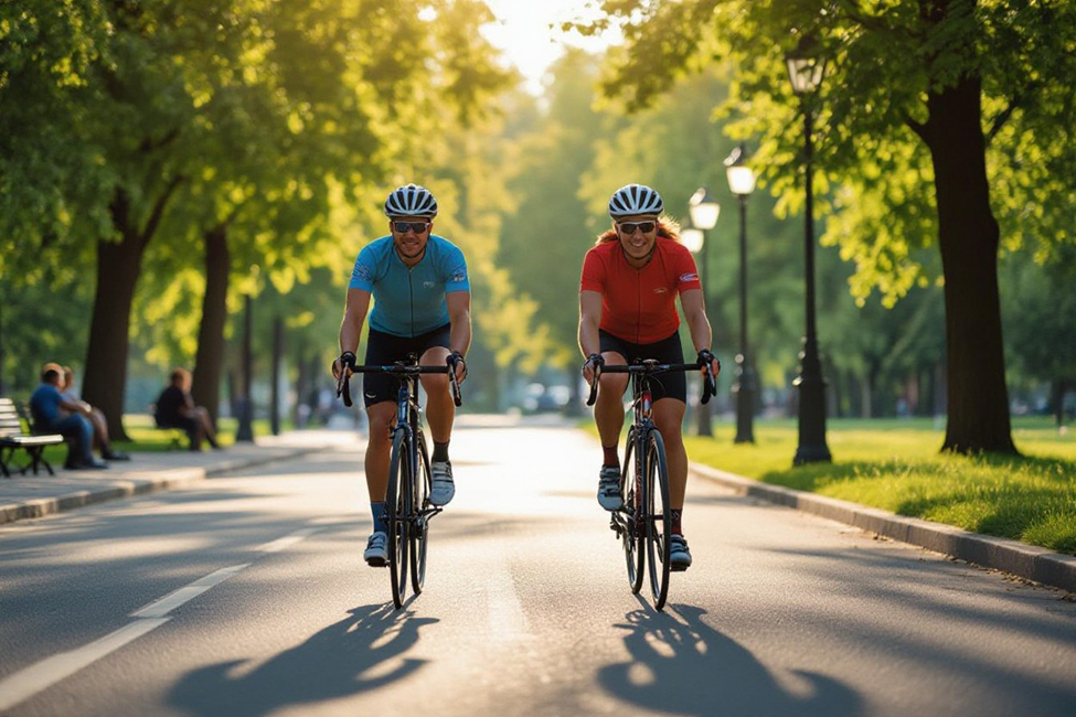 Two cyclists riding in sunlit park.