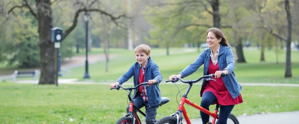 Mother and son biking in park.