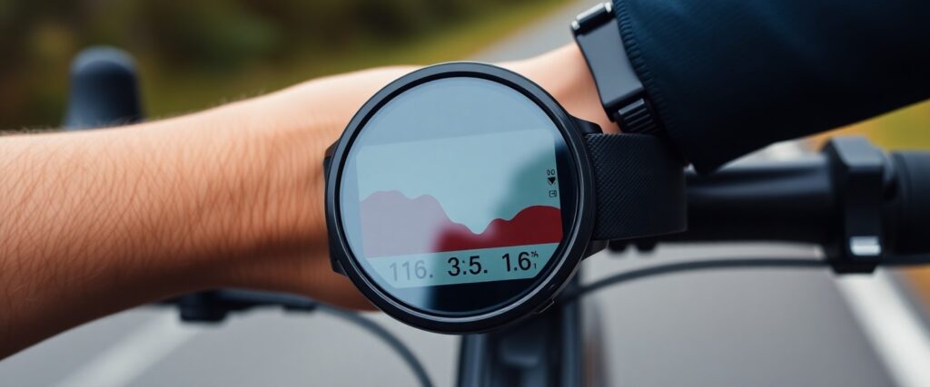 Cyclist checking smartwatch fitness data.
